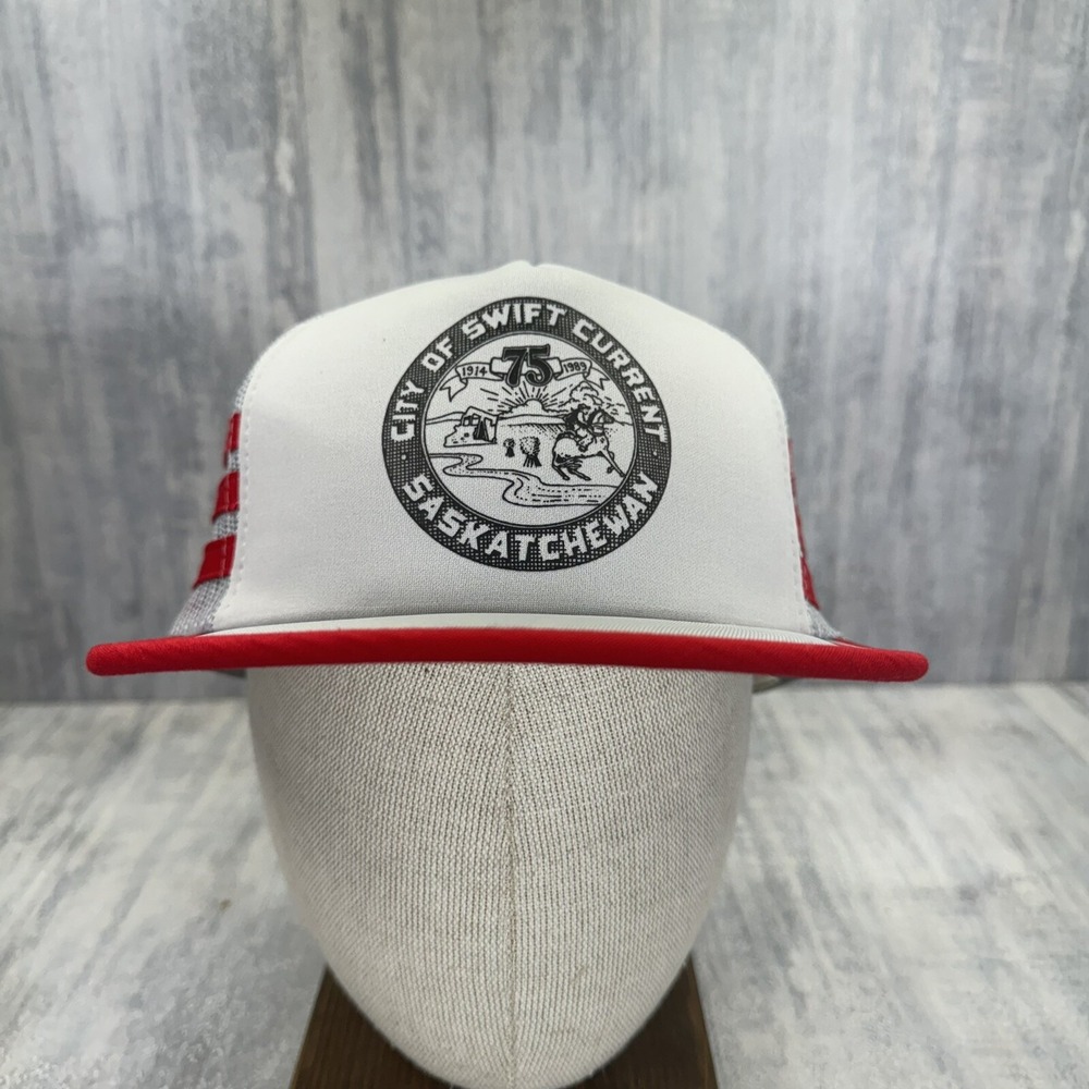 City Of Swift Current 75 Years 3 Three Stripe Trucker Mesh SnapBack Vtg Hat Cap - Picture 1 of 9